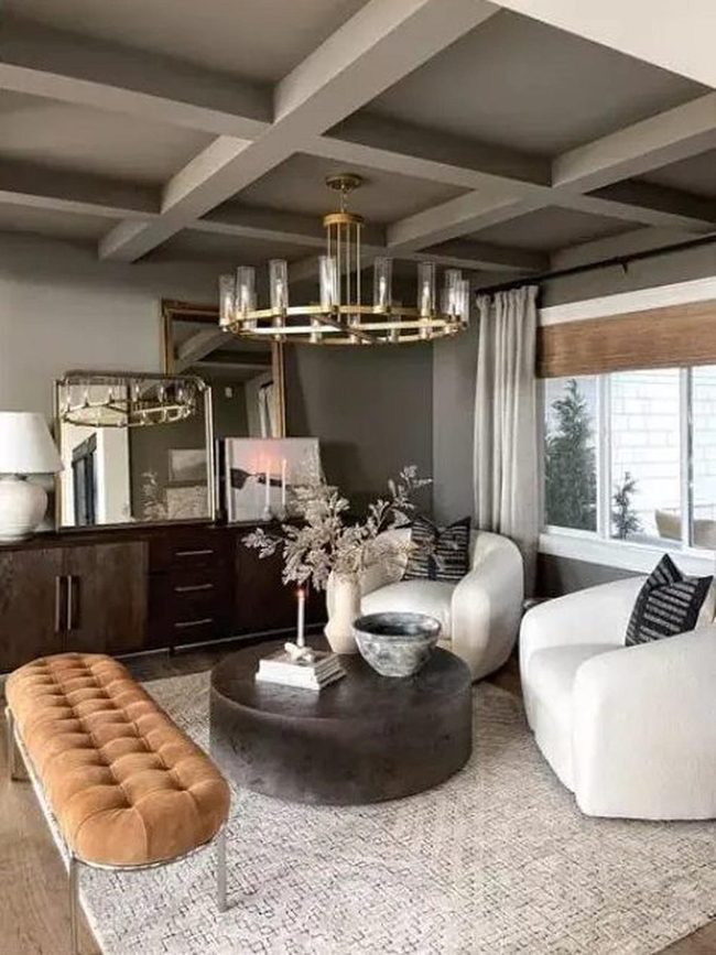 Round White Chairs, Wooden Beams, Earth Brown