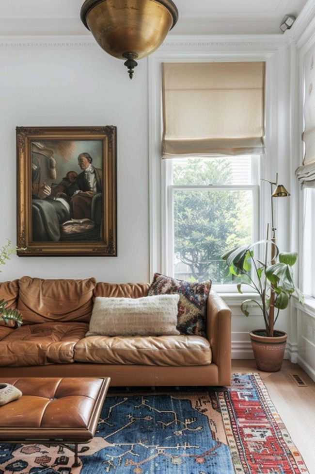 Tan Leather Sofa With Green Plants