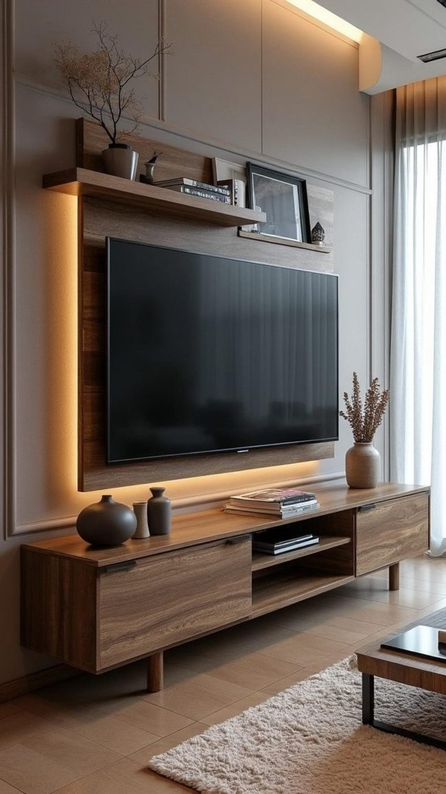 White Walnut Tv Stand With Space-Saving Compartments