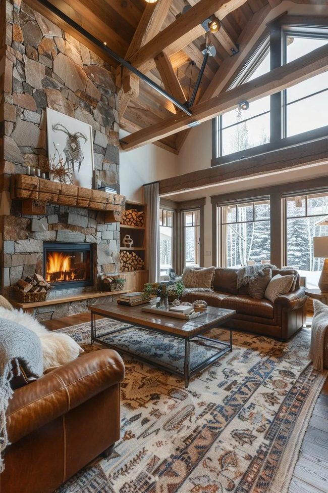 Stone Fireplace With Wooden Beams