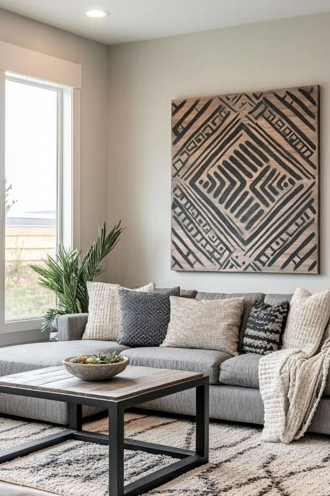 Geometric Art And Gray Sofa Dominance