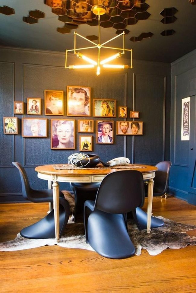 Dark Blue Dining With Gold Geometry