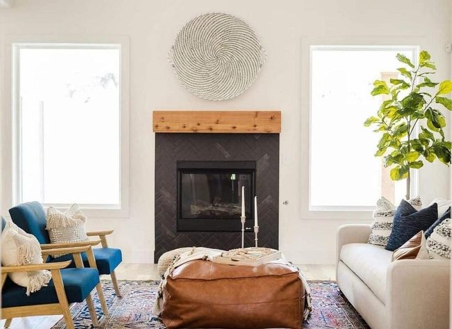 Blue Chairs With Herringbone Fireplace