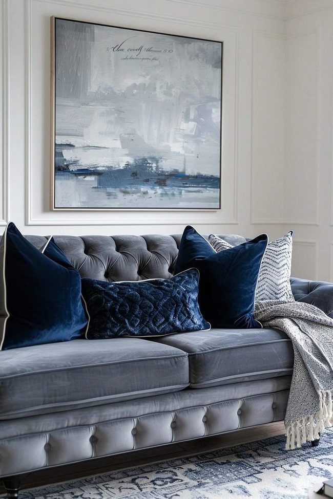 Deep Blue Pillow On Gray Couch