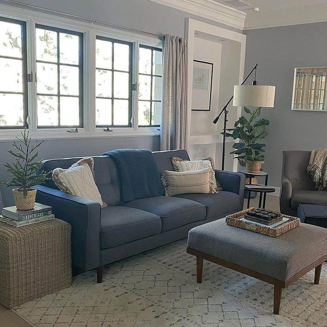 Blue-Gray Seating With Crisp White Contrast