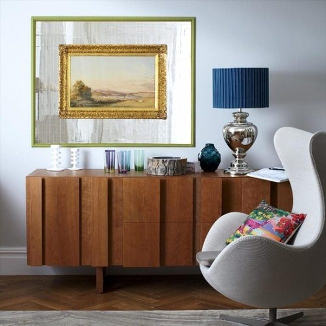 Wooden Sideboard With Colorful Glass Display