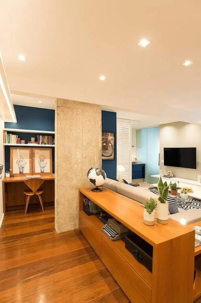 Blue Walls With Natural Wood Warmth