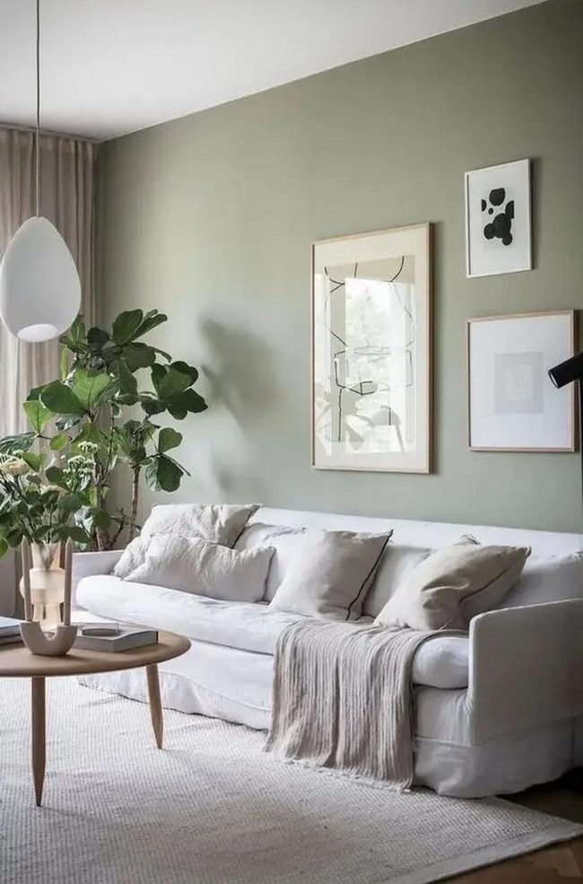 Living Room Green Walls White Comfort