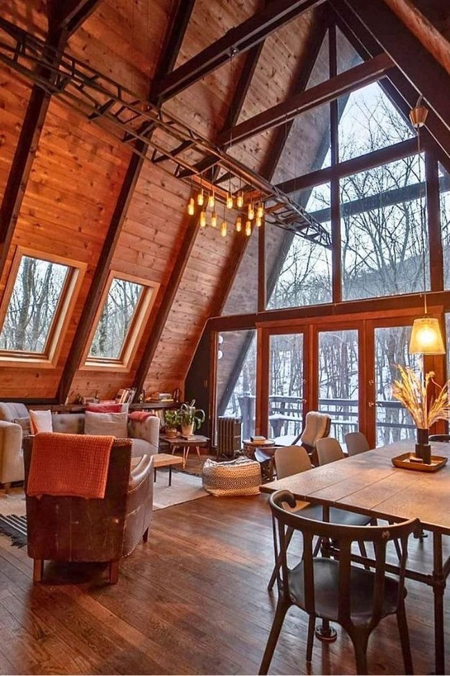 Stone Fireplace A-Frame Cabin