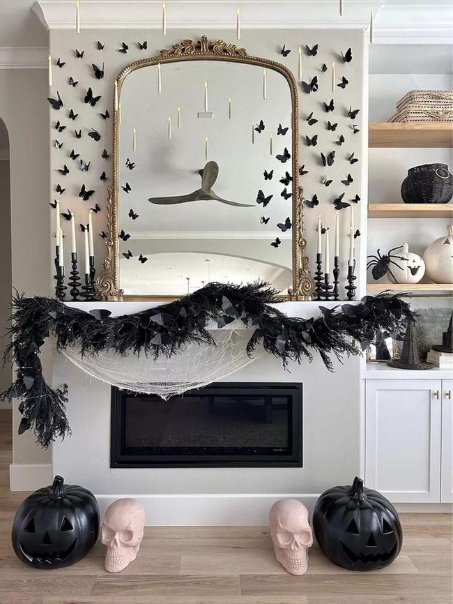 Black Pumpkins Gold Mirrors Fireplace