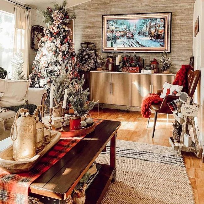 Bronze-Accented Wood Table With Festive Candles