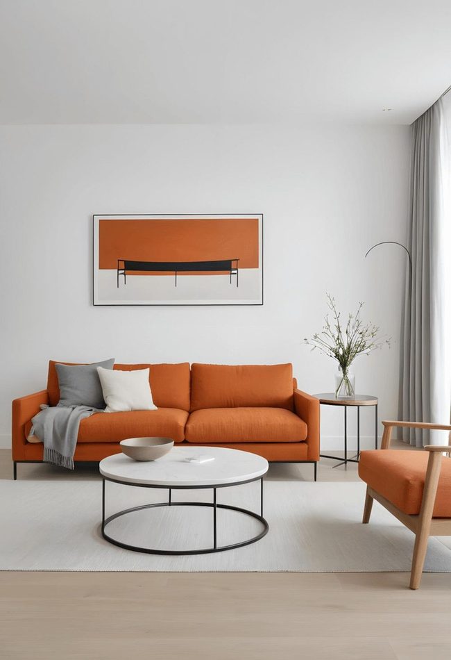 Burnt Orange Sofa Against White Walls