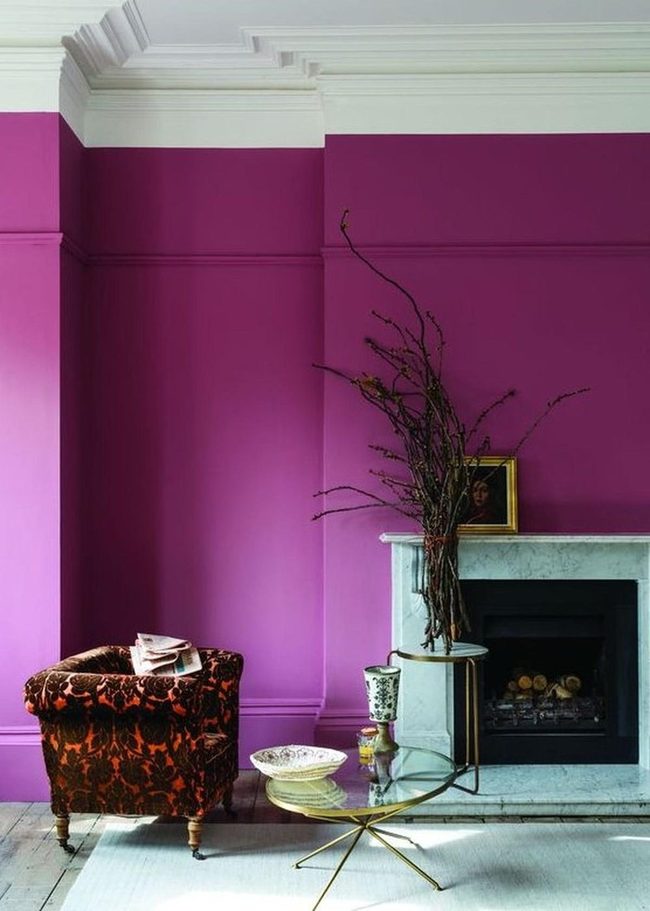 Purple Walls, Marble Fireplace, Red Chair