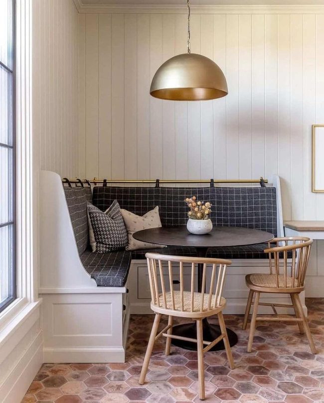 White Shiplap Dining With Gold Pendant