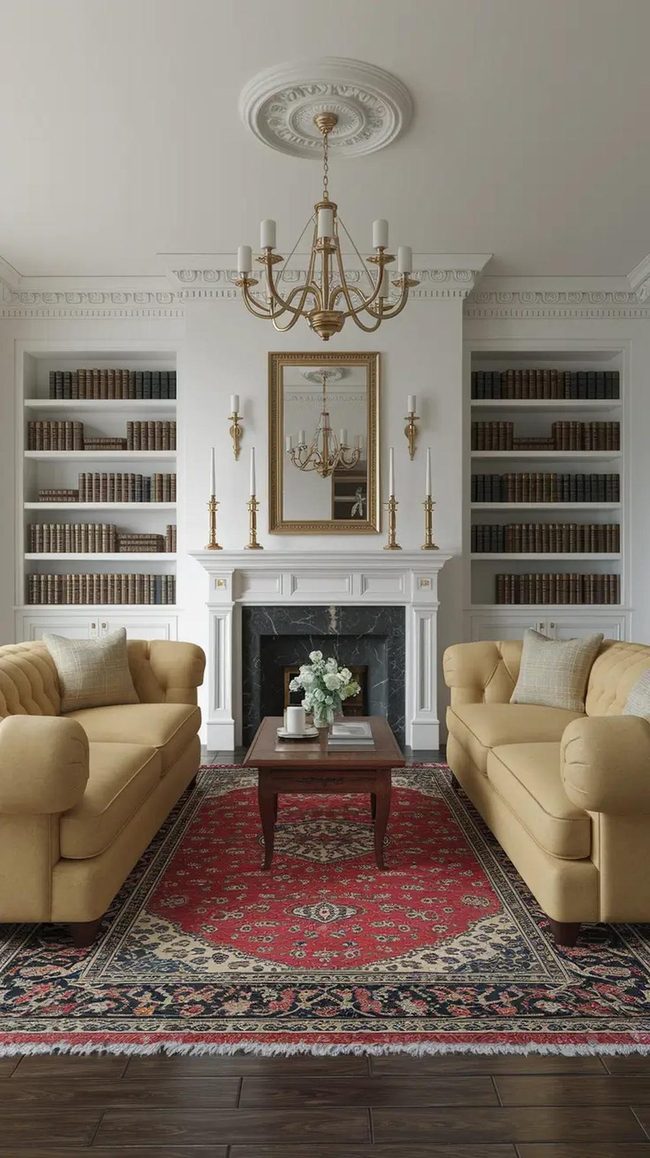 Persian Rug Anchored Traditional Living Room