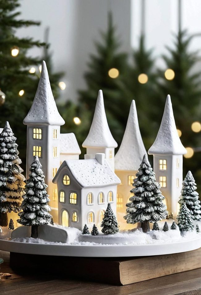 White Ceramic Village Glowing Softly