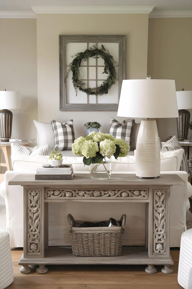 Carved Wood Console Anchors Neutral Living Room