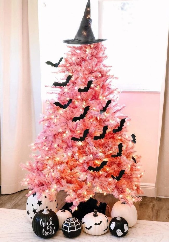 Pink Tree With Black Bat Swarms