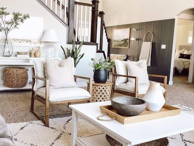 Stained Wood Meets Crisp White Cushions