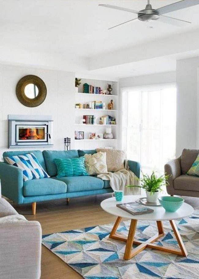 Blue Sofa Sunlit Living Space
