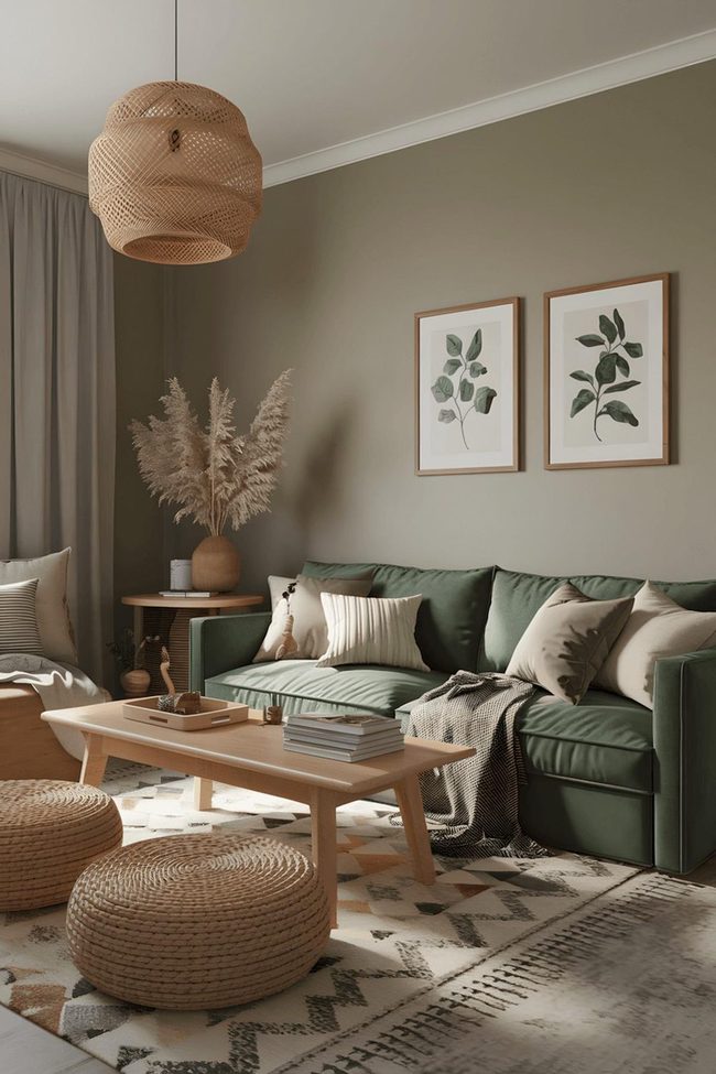 Sage Walls Paired With Timber Accents And Leafy Artwork