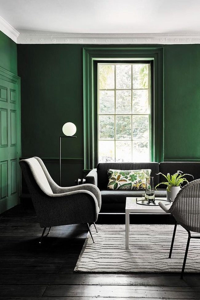 Deep Green Walls Dark Wood Floors