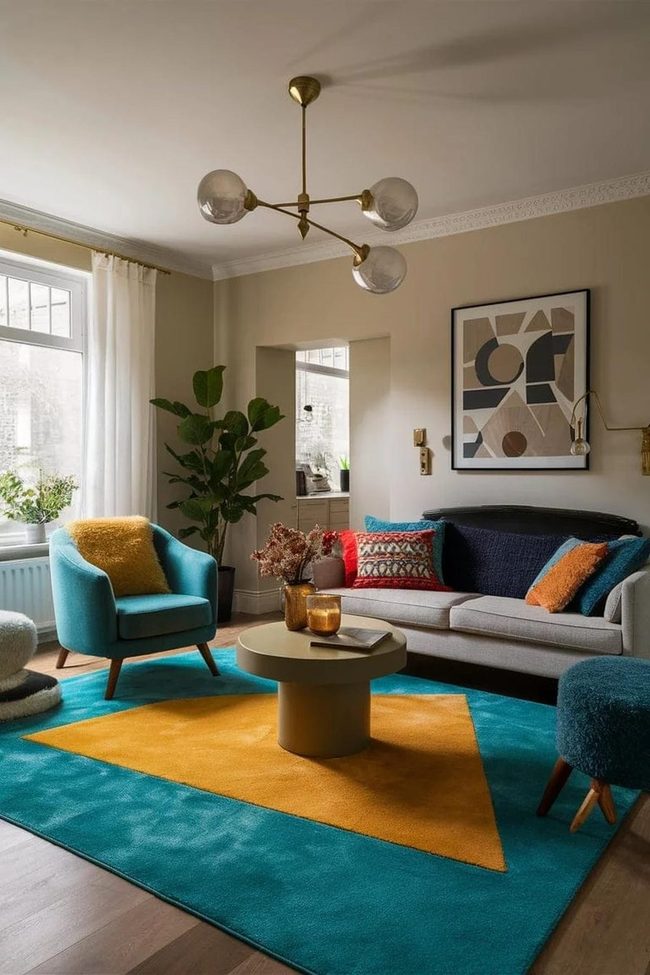 Teal Rug Anchors Neutral Rooms