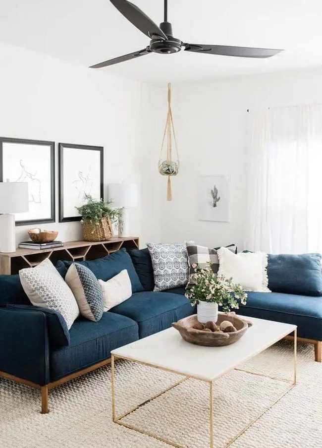 Deep Blue Sectional Meets White Brightness
