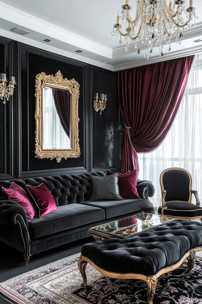 Black Velvet Sofa With Gold Rococo Accents