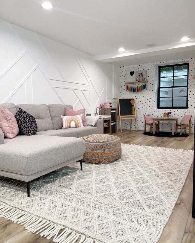 Black Baskets Wooden Shelves Grey Sofa