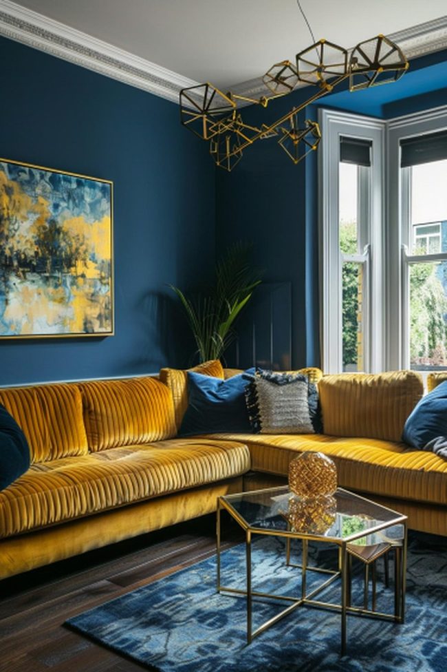 Blue Walls Gold Sofa Statement