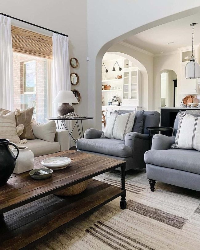 Grey Armchairs With Farmhouse Stripe Pillows