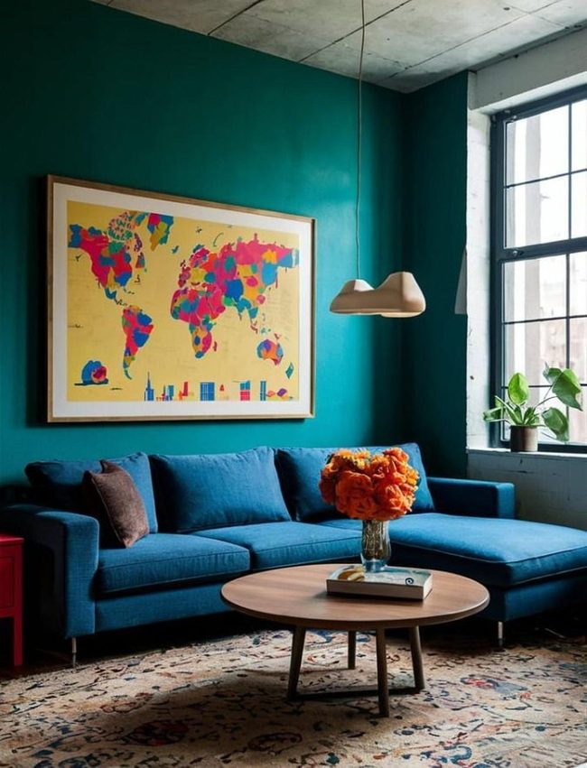 Teal Walls World Map Living Room