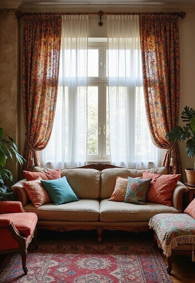 Patterned Sheer Curtains With Colorful Tassels