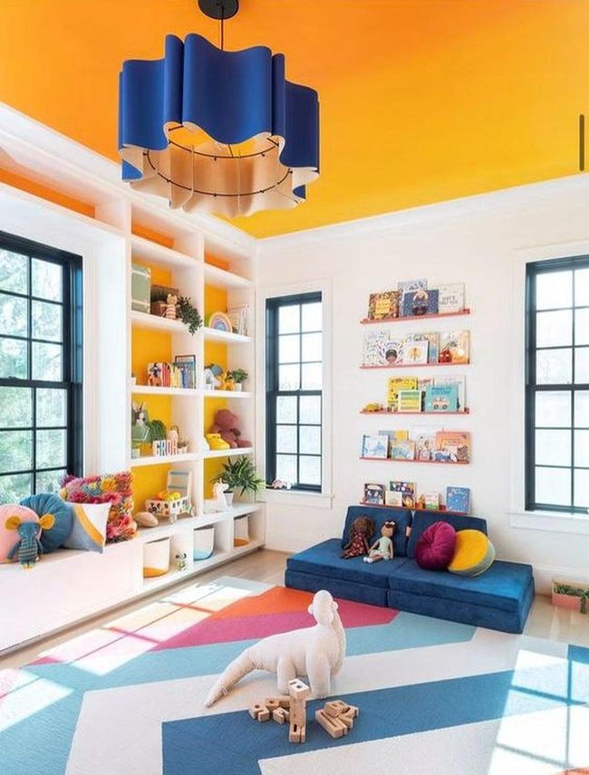 Bright Yellow Playroom With Geometric Rugs