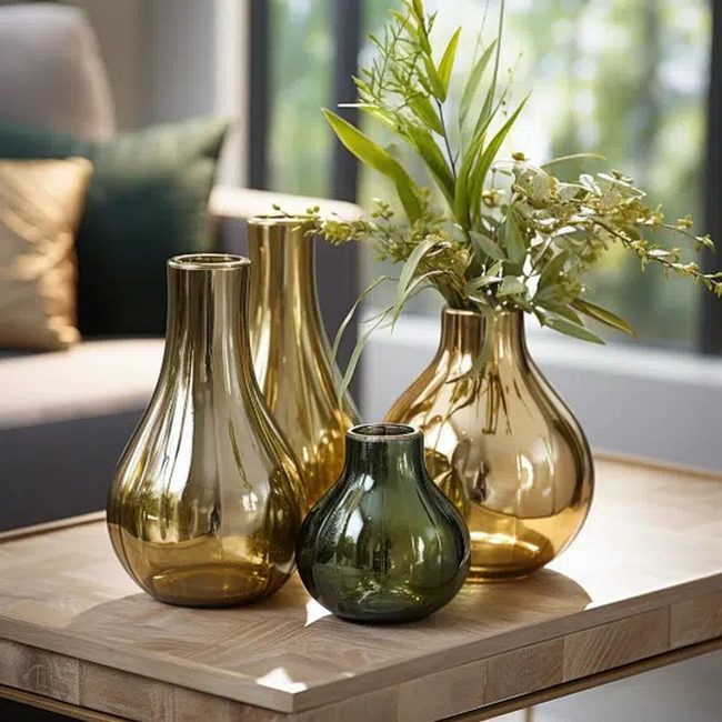 Gold Vases Holding Fresh Green Plants