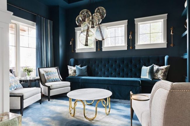 Deep Blue Drapes Define Space