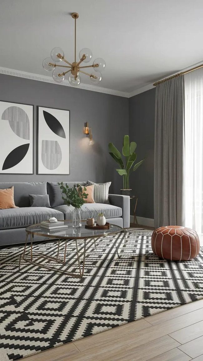 Statement Rug Anchors Grey Spaces