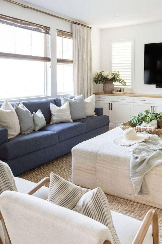 Cream Ottoman With Indoor Plants