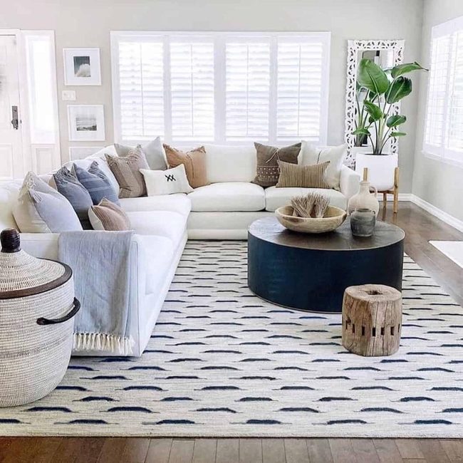 Beige Blue Rug Black Table Contrast