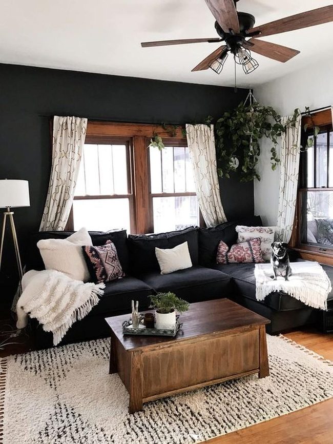 Black Walls, Cream Curtains, Living Comfort