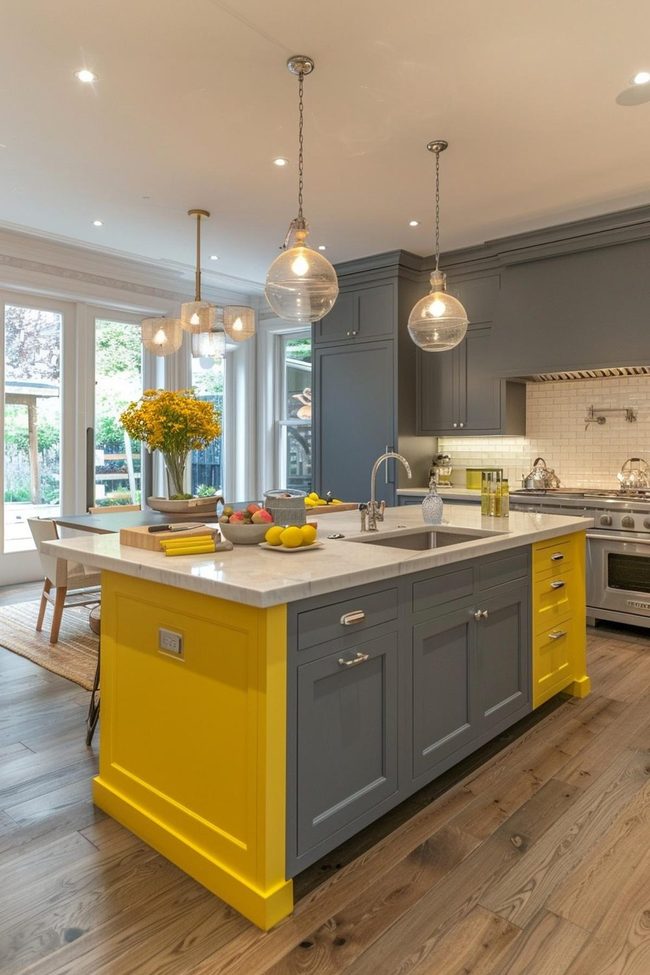 Yellow Island Anchors Gray Kitchen Area