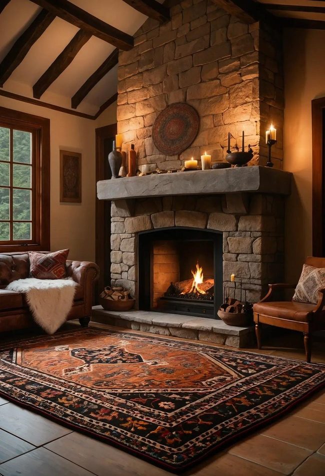 Persian Rug Glows By Firelight