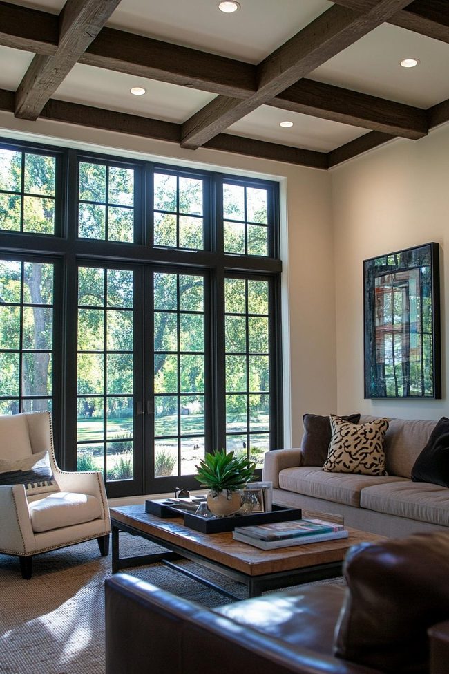 Black Frames Meet Walnut Timber Beams