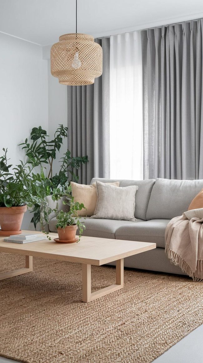 Gray Sofa With Natural Wood Accents