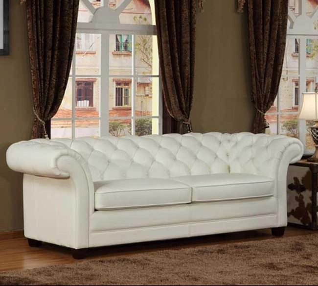 White Leather Scroll Arm Chesterfield