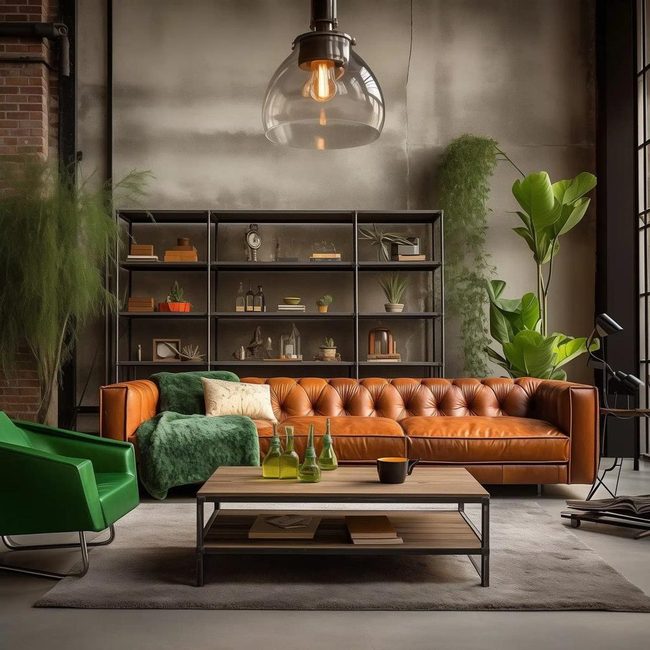 Emerald Leather Sofa Against Concrete