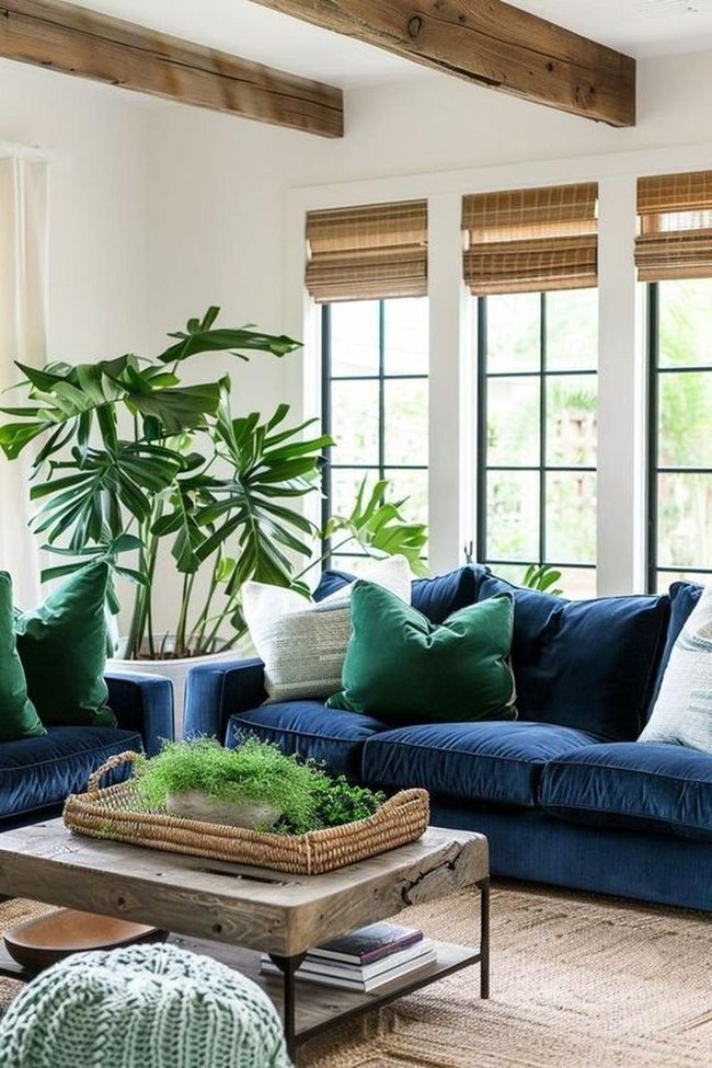 Wooden Beams, Blue Couches, Living Green