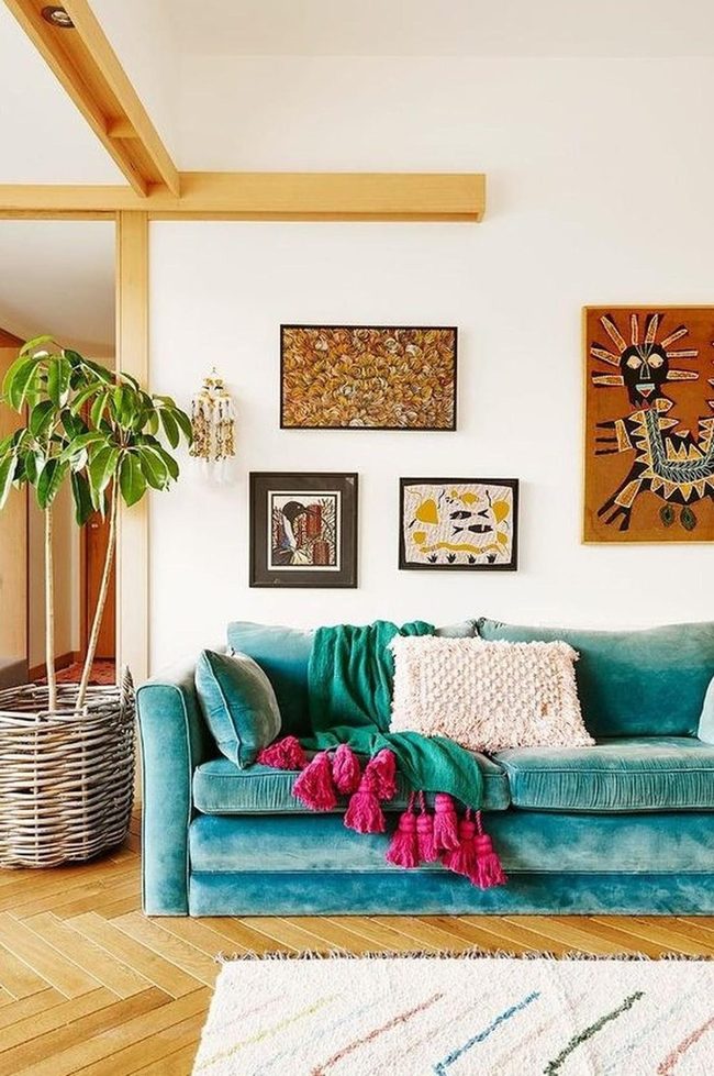 Teal Velvet Sofa Sunlit Room