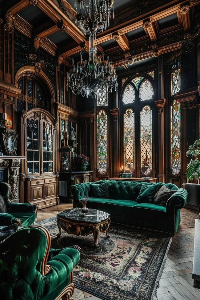 Dark Green Velvet Victorian Woodwork